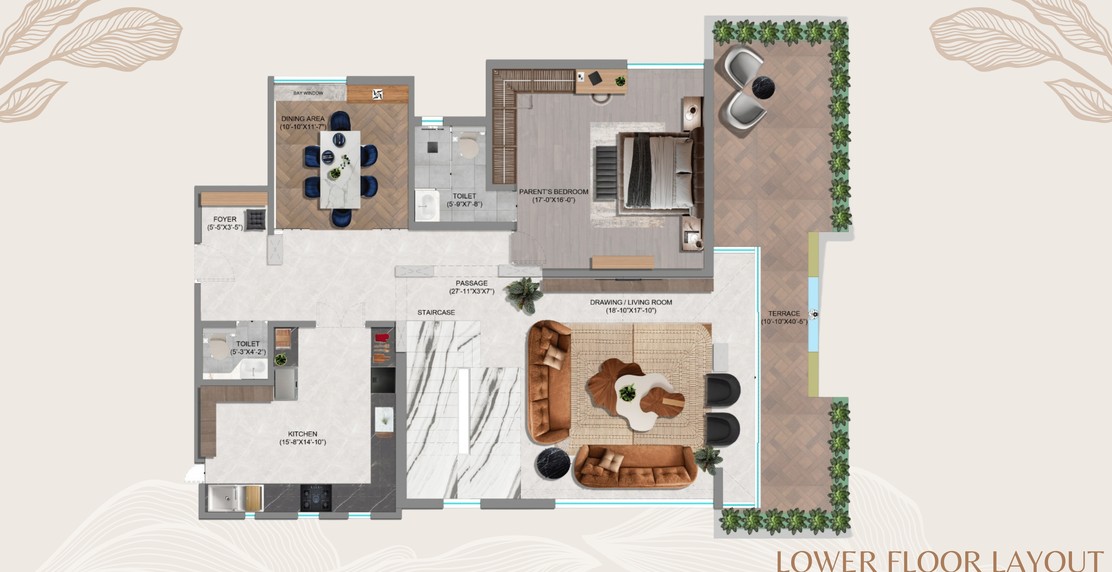 A styled floor plan of the lower floor, furniture drawn in plan on a cream ground with a fine wave line texture.