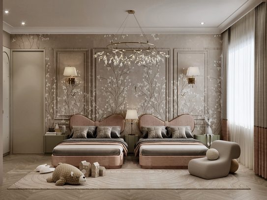 Two scalloped blush beds against a floral wallpaper, under a chandelier of glass blossoms.