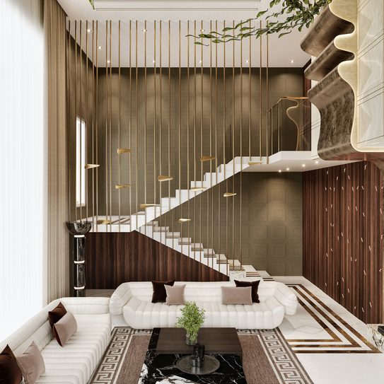 The same living room from the other side, with a white stair climbing a wall of fluted timber in one flight.
