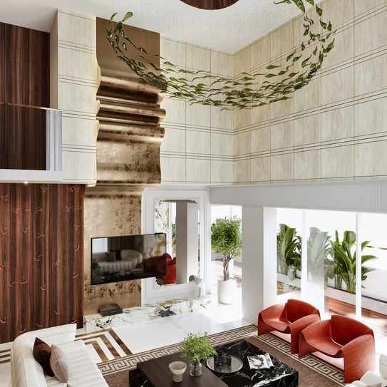 The double-height living room seen along its length — a television on a stone panel, the upper floor open above, planting hung across the ceiling.