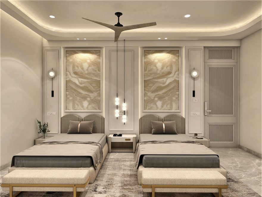 A 3D view of a children's bedroom — twin beds against a wall of marble-inlay panels, a long bench under each, and a fan under a curved cove ceiling.