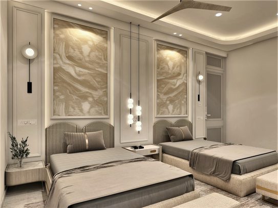 The children's room from the opposite corner — the twin beds, the inlay panels and a run of pendant lights.