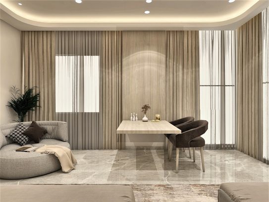The end of the children's room — a long table with two chairs, a curved daybed, sheer curtains the full height of the wall.