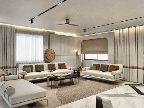 Two facing sofas on a round rug, a round wall disc between the windows, a track light overhead.