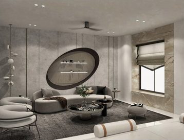 A curved seating group under a tall oval mirror set into a stone wall.