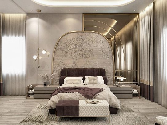 A 3D view of the master bedroom — an arched marble headboard panel with a tree drawn across it, in a gold frame, under a curved cove ceiling.