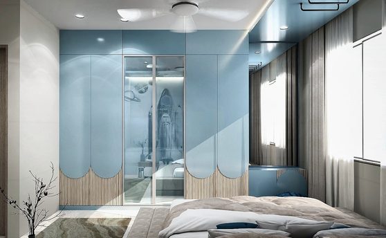 A 3D view of a bedroom with scalloped, glass-fronted wardrobes in pale blue.