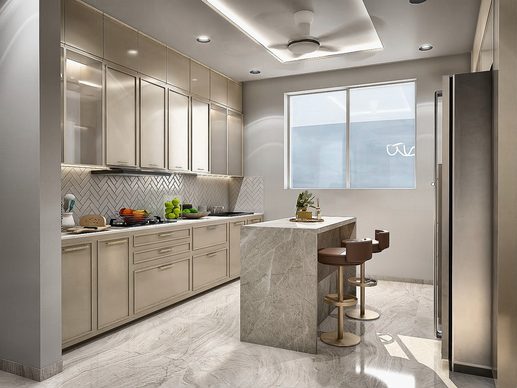 A 3D view of the kitchen — a long run of cabinets and a freestanding island with a stone top.